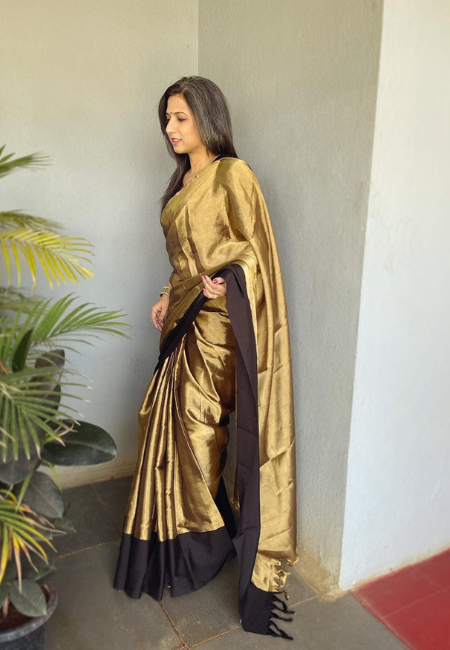 Golden Tissue Handloom Saree with Dual Zari Weave and Black Border