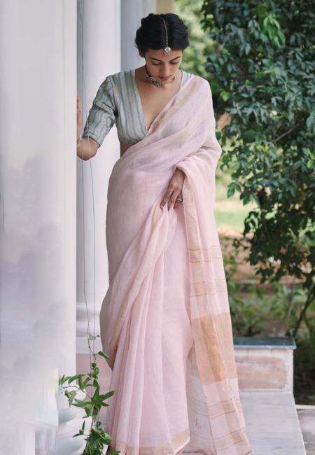 Blush Pink Pure Linen Saree