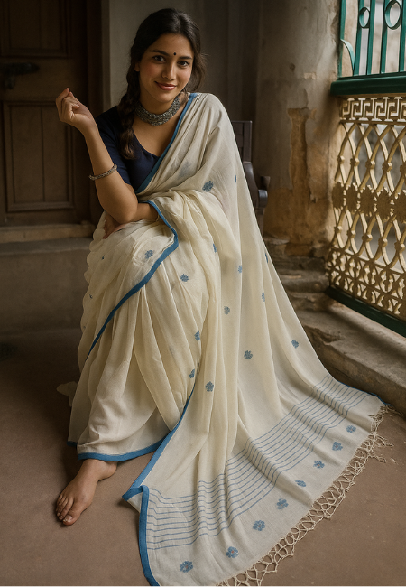 Off-White Pure Cotton Saree