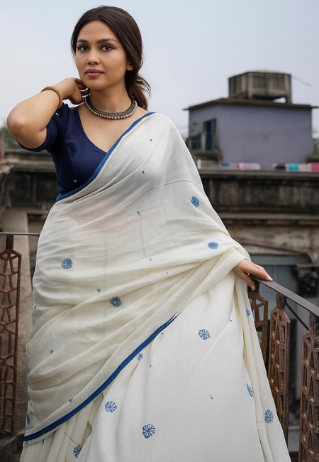 White Pure Cotton Saree with Blue Weaving