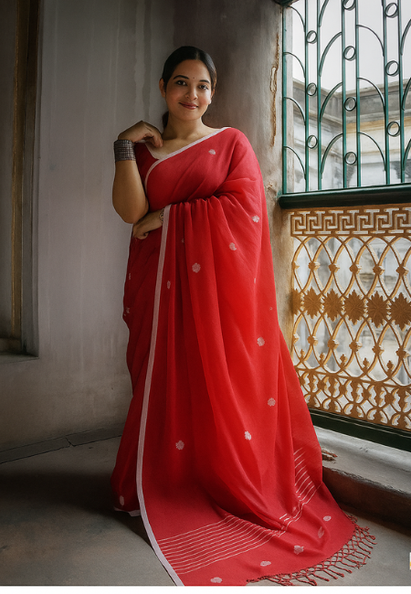 Red Pure Cotton Saree with White Buti Weaving