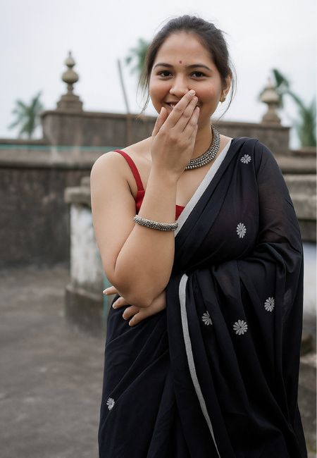 Black Pure Cotton Saree with White Weaving