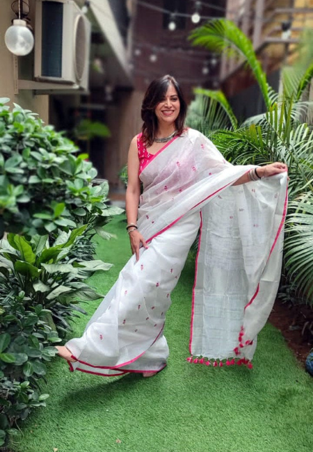 White Linen Saree with Pink Thread Embroidery & Border