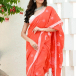 Coral Orange Pure Cotton Saree with Pink Border