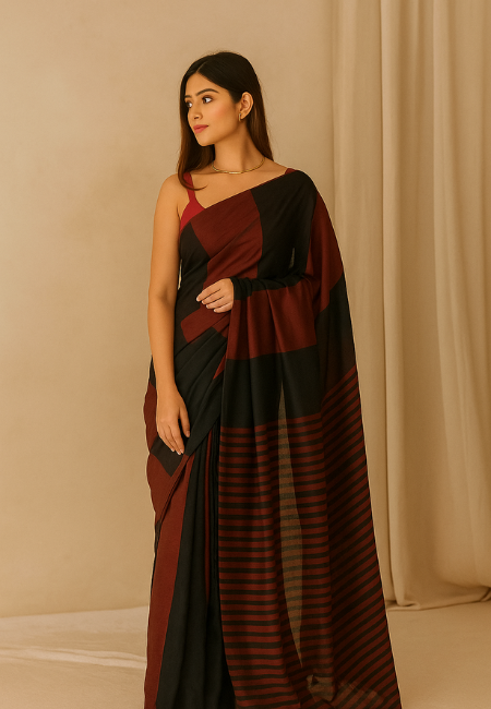 Black & Maroon Striped Khadi Cotton Saree