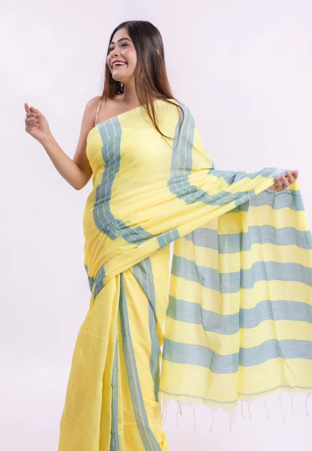 Yellow & Light Blue Striped Khadi Cotton Saree