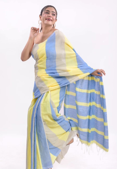 Blue & Yellow Dual-Tone Khadi Cotton Saree