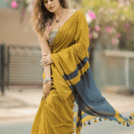 Mustard Yellow Mul Cotton Saree – Navy Blue Pallu