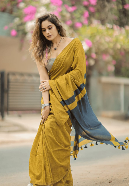 Mustard Yellow Mul Cotton Saree – Navy Blue Pallu