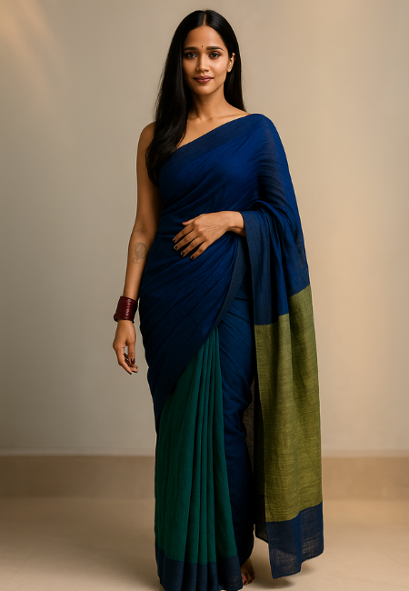 Azure Blossom Pure Linen Saree in Blue & Green