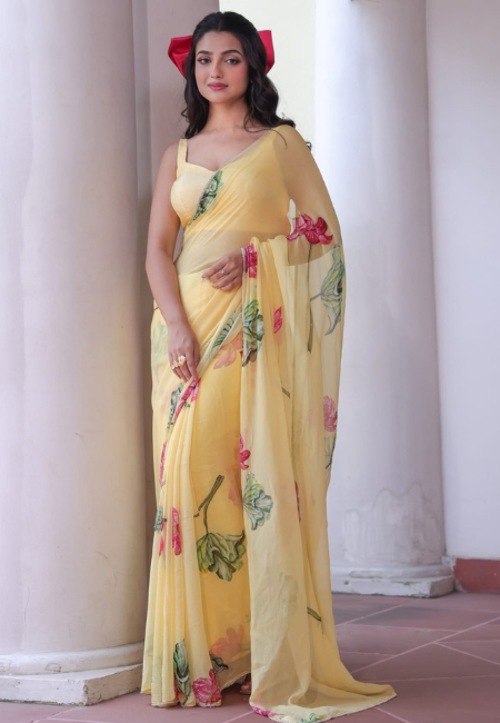 Yellow Georgette Floral Saree with Khatli Handwork Border