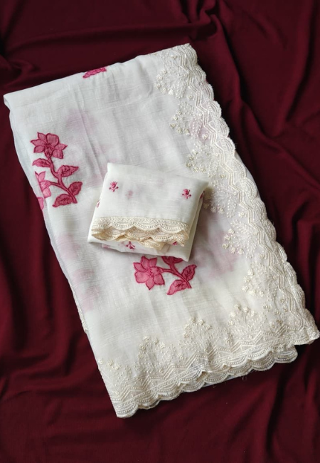 White Silk Saree with Pink Flower Design