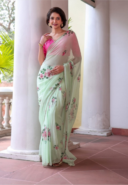 Mint Green Georgette Floral Saree with Khatli Handwork Border