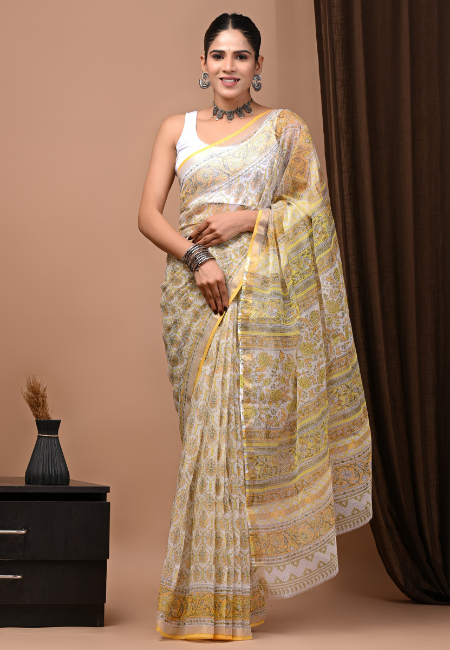 Handcrafted Kota Doriya Saree – Yellow & Grey Heritage Print