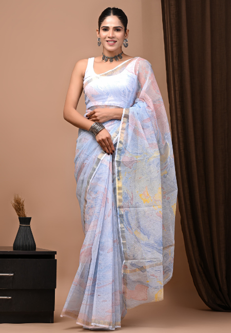 Pastel Marble Print Kota Doriya Saree – Handcrafted Elegance