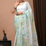 Pastel Aqua Marble Handblock Kota Doriya Saree