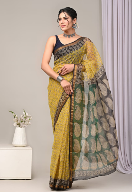 Mustard Yellow & Bottle Green Kota Doriya Handblock Saree