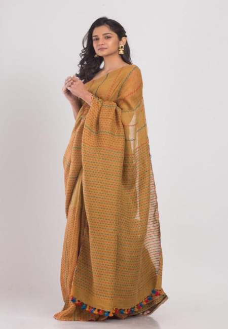Pure Handloom Mustard Linen Saree with Colorful Tassels