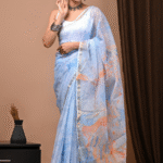 Sky Blue & Coral Orange Kota Doriya Marble Print Saree
