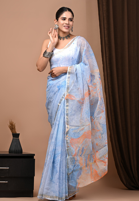 Sky Blue & Coral Orange Kota Doriya Marble Print Saree