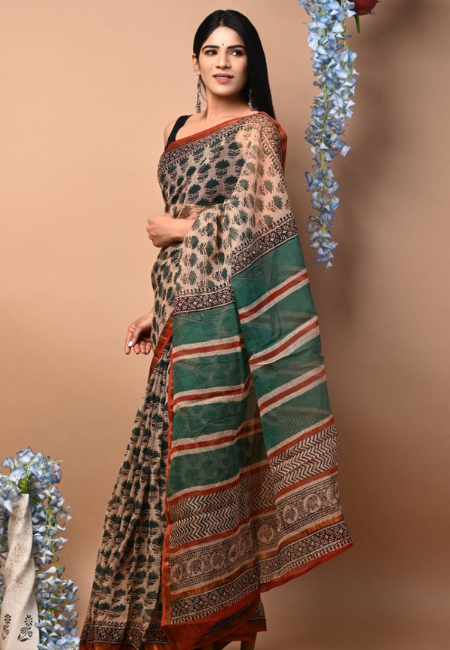 Elegant Handcrafted Kota Doriya Saree with Block, Dabu & Bagru Prints