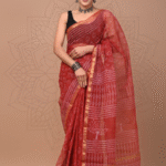 Rust Red Kota Doriya Handcrafted Saree with Tree Motifs & Zari Border