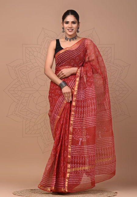 Rust Red Kota Doriya Handcrafted Saree with Tree Motifs & Zari Border