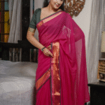 Rani Pink Pure Mul Cotton Saree with Copper-Golden Zari Border & Green Tassels