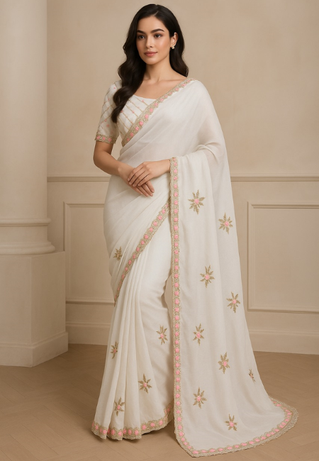 White Fandy Chiffon Saree with Pink & Golden Embroidery