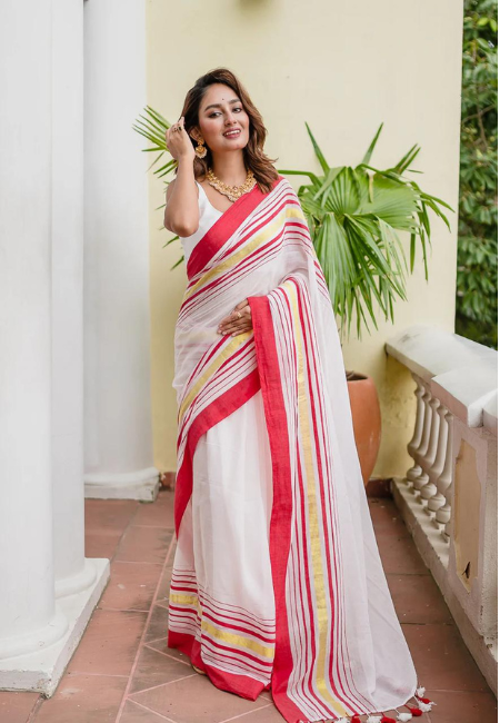 Soft Mul Cotton Saree – White with Red & Yellow Borders (No Blouse Piece)