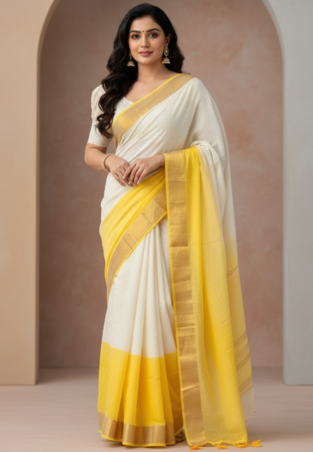 Soft Mul Cotton Saree – White with Yellow & Gold Borders (No Blouse Piece)