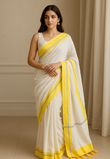 Soft Mul Cotton Saree – White with Yellow & Grey Borders (No Blouse Piece)