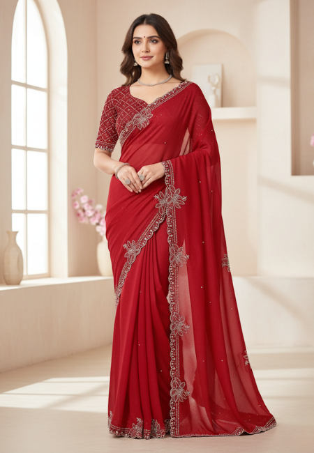 Red Georgette Saree with Heavy Jarkan Work & Unstitched Blouse
