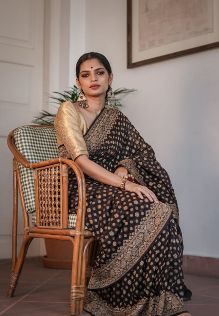 Black Cotton Silk Saree with Golden Weaving