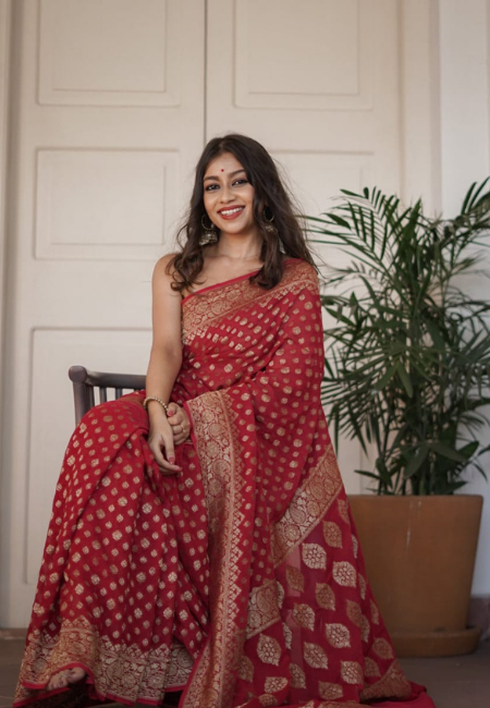 Red Cotton Silk Saree with Golden Weaving