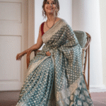Blue-Green Cotton Silk Saree with Silver Weaving