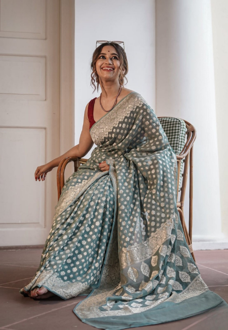 Blue-Green Cotton Silk Saree with Silver Weaving