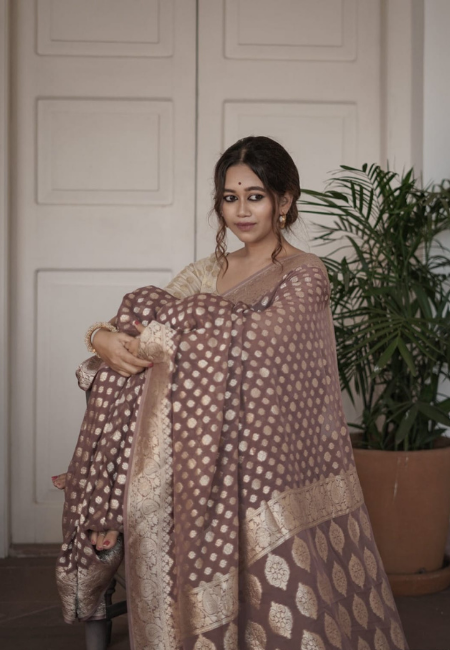 Brown Cotton Silk Saree with Golden Weaving