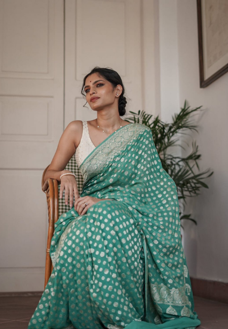 Sea Green Cotton Silk Saree with Golden Weaving