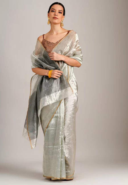 Silver Tissue Silk Chanderi Saree with Running Blouse