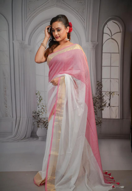 Soft Cotton Rainbow Mull Saree – Pink & White (No Blouse Piece)