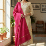 Unstitched Banarasi Brocade Suit with Pink Silk Dupatta – Elegant Winter Ethnic Wear