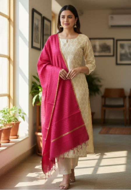 Unstitched Banarasi Brocade Suit with Pink Silk Dupatta – Elegant Winter Ethnic Wear