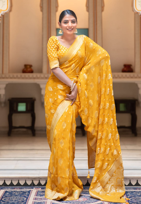 Radiant Mustard Yellow Semi-Georgette Silk Water Zari Saree – Soft & Lightweight Elegance