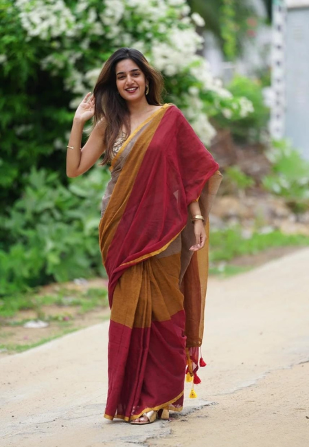 Pure Mul Cotton 3D Saree – Maroon & Mustard Tone | Without Blouse