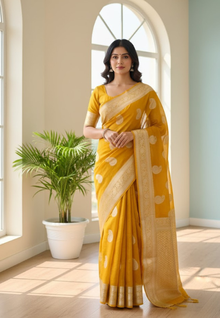 Graceful Mustard Yellow Banarasi Cotton Tissue Silk Saree