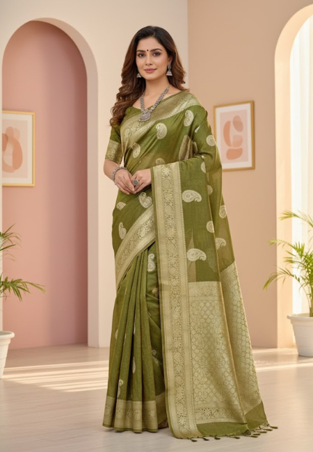Olive Green Banarasi Cotton Tissue Silk Saree