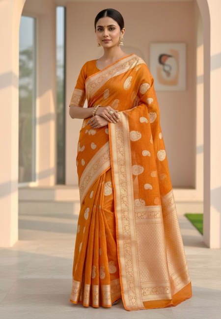 Radiant Burnt Orange Banarasi Cotton Tissue Silk Saree