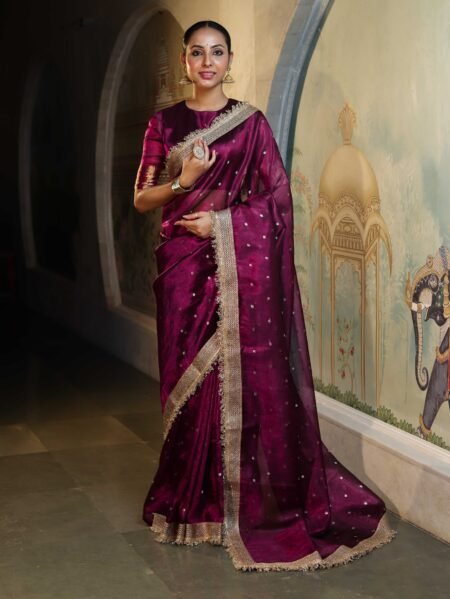 Banarasi Semi Katan Softy Silk Saree in Plum Purple with Premium Lace Border