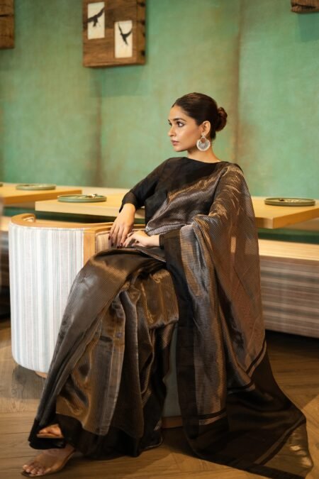 Exclusive Stripe Pattu Silk Chanderi Saree with Silver Jari – Handloom Elegance